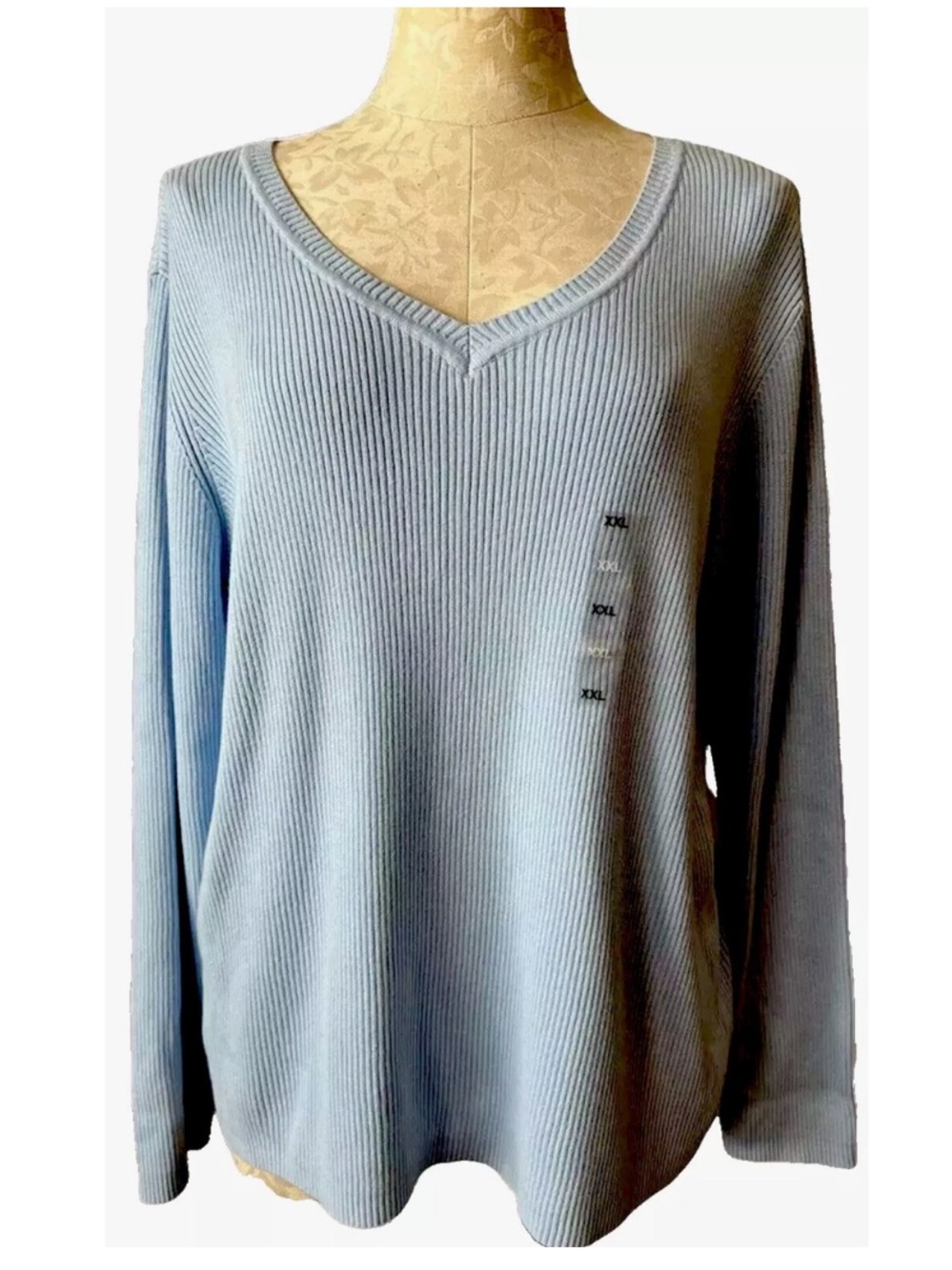 NWT Karen Scott Light Blue Ribbed V-Neck Sweater XXL